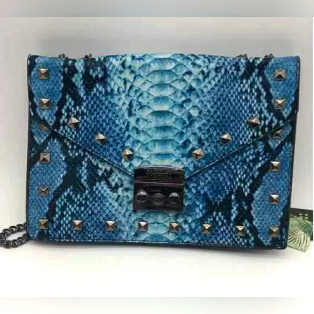 NEW Badgley Mishka Reptile Animal Print Flap Crossbody Purse Handbag Gunmetal St